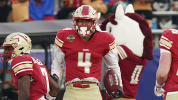 Apr 16, 2022; Birmingham, AL, USA; Birmingham Stallions wide receiver Osirus Mitchell (4) celebrates after scoring against New Jersey Generals during the first half at Protective Stadium. Mandatory Credit: Marvin Gentry-USA TODAY Sports