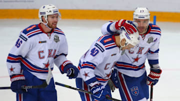 MOSCOW, RUSSIA OCTOBER 23, 2017: SKA St Petersburgs Vladislav Gavrikov, Yevgeny Ketov, and Ilya Kovalchuk (L-R) celebrate winning their 2017/18 KHL Regular Season ice hockey match against CSKA Moscow at the CSKA Ice Palace with a 2-5 score. Yelena Rusko/TASS (Photo by Yelena RuskoTASS via Getty Images)