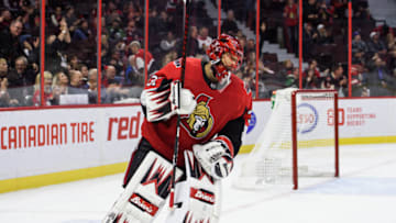 OTTAWA, ON - NOVEMBER 09: Ottawa Senators Goalie Anders Nilsson (31) skates to celebrate a third period goal for the Ottawa Senators during the NHL against the Carolina hurricanes on Nov. 9, 2019 at the Canadian Tire Centre in Ottawa, Ontario, Canada. (Photo by Steven Kingsman/Icon Sportswire via Getty Images)