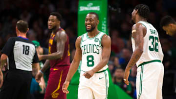 BOSTON - OCTOBER 13: Boston Celtics guard Kemba Walker (8) flashes a smile during the second quarter. The Boston Celtics host the Cleveland Cavaliers in a pre-season NBA basketball game at TD Garden in Boston on Oct. 13, 2019. (Photo by Nic Antaya for The Boston Globe via Getty Images)