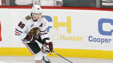 SUNRISE, FL - MARCH 31: Patrick Kane #88 of the Chicago Blackhawks skates with the puck prior to the game against the Florida Panthers at the FLA Live Arena on March 31, 2022 in Sunrise, Florida. (Photo by Joel Auerbach/Getty Images)