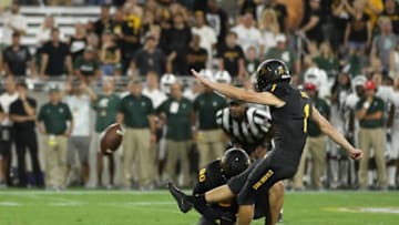 TEMPE, AZ - SEPTEMBER 08: Place kicker Brandon Ruiz #1 of the Arizona State Sun Devils kicks the game winning 28 yard field goal against the Michigan State Spartans during the second half of the college football game at Sun Devil Stadium on September 8, 2018 in Tempe, Arizona. The Sun Devils defeated the Spartans 16-13.(Photo by Christian Petersen/Getty Images)