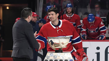 MONTREAL, QC - APRIL 6: Carey Price #31 of the Montreal Canadiens is named the Canadians' Molson Cup player of the year 2018-19 in a ceremony prior to the NHL game against the Toronto Maple Leafs at the Bell Centre on April 6, 2019 in Montreal, Quebec, Canada. (Photo by Francois Lacasse/NHLI via Getty Images)