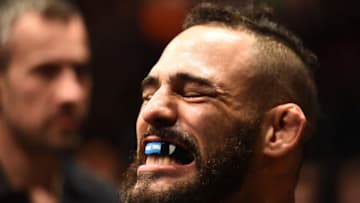 WINNIPEG, CANADA - DECEMBER 16: Santiago Ponzinibbio of Argentina prepares to enter the Octagon before facing Mike Perry in their welterweight bout during the UFC Fight Night event at Bell MTS Place on December 16, 2017 in Winnipeg, Manitoba, Canada. (Photo by Josh Hedges/Zuffa LLC/Zuffa LLC via Getty Images)