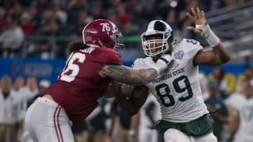 Dec 31, 2015; Arlington, TX, USA; Alabama Crimson Tide offensive lineman Dominick Jackson (76) and Michigan State Spartans defensive end Shilique Calhoun (89) during the game in the 2015 Cotton Bowl at AT&T Stadium. Mandatory Credit: Jerome Miron-USA TODAY Sports