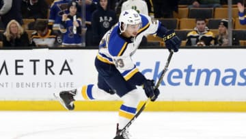 BOSTON, MA - JANUARY 17: St. Louis Blues winger Jordan Kyrou (33) shoots before a game between the Boston Bruins and the St. Louis Blues on January 17, 2019, at TD Garden in Boston, Massachusetts. (Photo by Fred Kfoury III/Icon Sportswire via Getty Images)