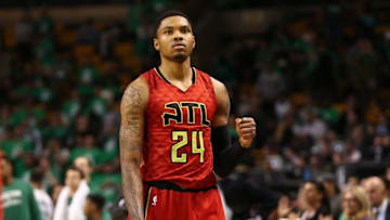 Apr 28, 2016; Boston, MA, USA; Atlanta Hawks forward Kent Bazemore (24) celebrates a victory against the Boston Celtics in game six of the first round of the NBA Playoffs at TD Garden. Mandatory Credit: Mark L. Baer-USA TODAY Sports