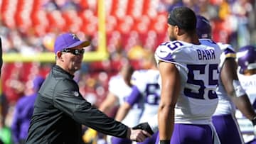 Nov 13, 2016; Landover, MD, USA; Minnesota Vikings head coach Mike Zimmer (L) shakes hands with Vikings linebacker Anthony Barr (55) prior to the game against the Washington Redskins at FedEx Field. Mandatory Credit: Geoff Burke-USA TODAY Sports