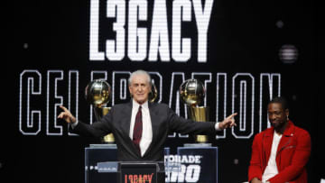 President Pat Riley of the Miami Heat talks to former player Dwyane Wade during the Miami Heat Dwyane Wade L3GACY Celebration (Photo by Michael Reaves/Getty Images)