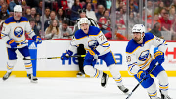 Feb 24, 2023; Sunrise, Florida, USA; Buffalo Sabres right wing Alex Tuch (89) controls the puck against Florida Panthers during the third period at FLA Live Arena. Mandatory Credit: Rich Storry-USA TODAY Sports