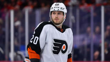Nov 25, 2022; Philadelphia, Pennsylvania, USA; Philadelphia Flyers left wing Kieffer Bellows (20) looks on against the Pittsburgh Penguins in the third period at Wells Fargo Center. Mandatory Credit: Kyle Ross-USA TODAY Sports