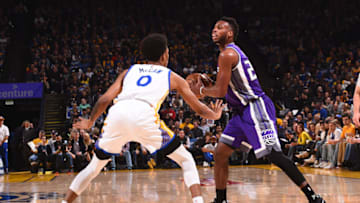 OAKLAND, CA - MARCH 24: Buddy Hield #24 of the Sacramento Kings looks to pass the ball against the Golden State Warriors on March 24, 2017 at ORACLE Arena in Oakland, California. NOTE TO USER: User expressly acknowledges and agrees that, by downloading and or using this photograph, user is consenting to the terms and conditions of Getty Images License Agreement. Mandatory Copyright Notice: Copyright 2017 NBAE (Photo by Noah Graham/NBAE via Getty Images)