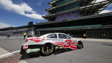 Jul 22, 2016; Indianapolis, IN, USA; Sprint Cup driver Austin Dillon drives over the yard of bricks during practice for the Combat Wounded Coalition 400 at the Brickyard at Indianapolis Motor Speedway. Mandatory Credit: Brian Spurlock-USA TODAY Sports
