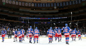 NEW YORK, NY - JANUARY 17: The New York Rangers celebrate after defeating the Chicago Blackhawks 4-3 at Madison Square Garden on January 17, 2019 in New York City. (Photo by Jared Silber/NHLI via Getty Images)