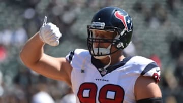 September 14, 2014; Oakland, CA, USA; Houston Texans defensive end J.J. Watt (99) before the game against the Oakland Raiders at O.co Coliseum. The Texans defeated the Raiders 30-14. Mandatory Credit: Kyle Terada-USA TODAY Sports