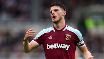 NEWCASTLE UPON TYNE, ENGLAND - AUGUST 15: Declan Rice of West Ham United during the Premier League match between Newcastle United and West Ham United at St. James Park on August 15, 2021 in Newcastle upon Tyne, England. (Photo by Robbie Jay Barratt - AMA/Getty Images)