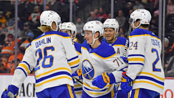 Apr 17, 2022; Philadelphia, Pennsylvania, USA; Buffalo Sabres left wing Victor Olofsson (71) celebrates his goal with teammates against the Philadelphia Flyers during the first period at Wells Fargo Center. Mandatory Credit: Eric Hartline-USA TODAY Sports