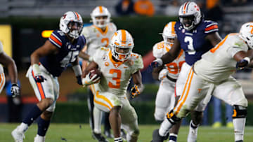 Nov 21, 2020; Auburn, Alabama, USA; Tennessee Volunteers running back Eric Gray (3) carries against the Auburn Tigers during the third quarter at Jordan-Hare Stadium. Mandatory Credit: John Reed-USA TODAY Sports