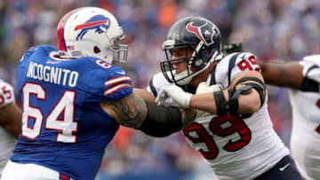 Dec 6, 2015; Orchard Park, NY, USA; Buffalo Bills offensive guard Richie Incognito (64) blocks Houston Texans defensive end J.J. Watt (99) during the second half at Ralph Wilson Stadium. Buffalo beats Houston 30 to 21. Mandatory Credit: Timothy T. Ludwig-USA TODAY Sports