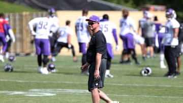 Jun 15, 2016; Minneapolis, MN, USA; Minnesota Vikings head coach Mike Zimmer watches action at mini camp. Mandatory Credit: Brad Rempel-USA TODAY Sports