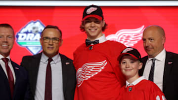 VANCOUVER, BRITISH COLUMBIA - JUNE 21: Moritz Seider reacts after being selected sixth overall by the Detroit Red Wings during the first round of the 2019 NHL Draft at Rogers Arena on June 21, 2019 in Vancouver, Canada. (Photo by Bruce Bennett/Getty Images)