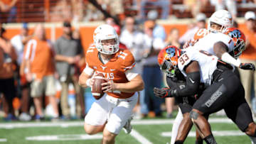 AUSTIN, TX - OCTOBER 21: Texas Longhorn QB Sam Ehlinger scrambles in the pocket during 13 - 10 loss to the Oklahoma State Cowboys on October 21, 2017 at Darrell K Royal-Texas Memorial Stadium in Austin, TX. (Photo by John Rivera/Icon Sportswire via Getty Images)