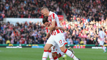 Joe Allen celebrates his and Stoke's second goal against Sunderland on Saturday (Photo by Chris Brunskill/Getty Images)