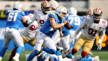Easton Stick #2 of the Los Angeles Chargers against the San Francisco 49ers (Photo by Harry How/Getty Images)