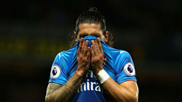WATFORD, ENGLAND - OCTOBER 14: Hector Bellerin of Arsenal reacts during the Premier League match between Watford and Arsenal at Vicarage Road on October 14, 2017 in Watford, England. (Photo by Charlie Crowhurst/Getty Images)