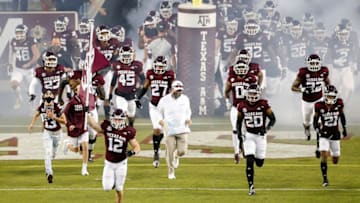 COLLEGE STATION, TEXAS - OCTOBER 31: The Texas A&M Aggies take the field before the game against the Arkansas Razorbacks at Kyle Field on October 31, 2020 in College Station, Texas. (Photo by Tim Warner/Getty Images)