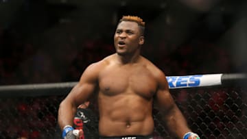 DETROIT, MI - DECEMBER 2: Francis Ngannou celebrates after his bout against Alistair Overeem during the UFC 218 event at Little Caesars Arena on December 2, 2017 in Detroit, Michigan. (Photo by Rey Del Rio/Zuffa LLC via Getty Images)