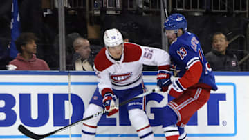 NEW YORK, NEW YORK - JANUARY 15: Justin Barron #52 of the Montreal Canadiens skates against the New York Rangers at Madison Square Garden on January 15, 2023 in New York City. The Canadiens defeated the Rangers 2-1. (Photo by Bruce Bennett/Getty Images)