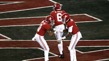 SANTA CLARA, CALIFORNIA - JANUARY 07: Jerry Jeudy #4 of the Alabama Crimson Tide celebrates his 62 yard touchdown reception thrown by Tua Tagovailoa #13 against the Clemson Tigers during the first quarter in the College Football Playoff National Championship at Levi's Stadium on January 07, 2019 in Santa Clara, California. (Photo by Lachlan Cunningham/Getty Images)