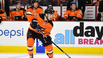 Apr 9, 2016; Philadelphia, PA, USA; Philadelphia Flyers defenseman Shayne Gostisbehere (53) looks to shoot the puck during the second period against the Pittsburgh Penguins at Wells Fargo Center. Mandatory Credit: Derik Hamilton-USA TODAY Sports
