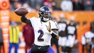 Dec 12, 2021; Cleveland, Ohio, USA; Baltimore Ravens quarterback Tyler Huntley (2) throws the ball against the Cleveland Browns during the fourth quarter at FirstEnergy Stadium. Mandatory Credit: Scott Galvin-USA TODAY Sports