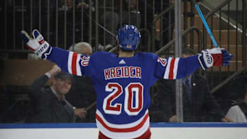 Chris Kreider #20 of the New York Rangers celebrates his second period goal against the Chicago Blackhawks at Madison Square Garden. (Photo by Bruce Bennett/Getty Images)