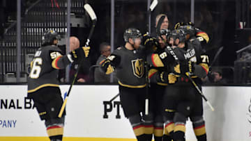 LAS VEGAS, NV - OCTOBER 28: Ryan Reaves #75 of the Vegas Golden Knights celebrates with with teammates after scoring a goal during the second period against the Ottawa Senators at T-Mobile Arena on October 28, 2018 in Las Vegas, Nevada. (Photo by David Becker/NHLI via Getty Images)