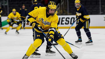 Michigan defenseman Owen Power during a practice as the Wolverines prepare for a Frozen Four matchup against Denver at TD Garden in Boston on Wednesday, April 6, 2022.
