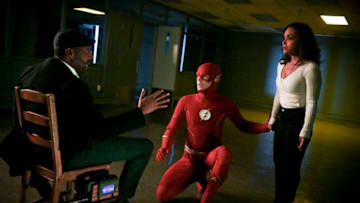 The Flash -- "So Long and Goodnight" -- Image Number: FLA616a_0930b.jpg -- Pictured (L-R): : Jesse L. Martin as Captain Joe West, Grant Gustin as The Flash and Danielle Nicolet as Cecile Horton -- Photo: Sergei Bachlakov/The CW -- © 2020 The CW Network, LLC. All rights reserved