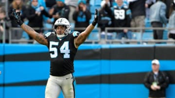 CHARLOTTE, NC - DECEMBER 24: Shaq Green-Thompson #54 of the Carolina Panthers celebrates after a win over the Tampa Bay Buccaneers at Bank of America Stadium on December 24, 2017 in Charlotte, North Carolina. (Photo by Grant Halverson/Getty Images)