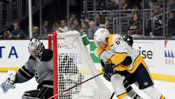 LOS ANGELES, CALIFORNIA - OCTOBER 12: Mikael Granlund #64 of the Nashville Predators attempts a wrap around on Jack Campbell #36 of the Los Angeles Kings during the third period in a 7-4 Kings win at Staples Center on October 12, 2019 in Los Angeles, California. (Photo by Harry How/Getty Images)