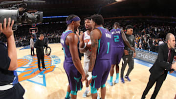 NEW YORK, NY - NOVEMBER 16: Devonte' Graham #4 and Malik Monk #1 of the Charlotte Hornets talk to Dennis Smith Jr. #5 of the New York Knicks after a game on November 16, 2019 at Madison Square Garden in New York City, New York. NOTE TO USER: User expressly acknowledges and agrees that, by downloading and or using this photograph, User is consenting to the terms and conditions of the Getty Images License Agreement. Mandatory Copyright Notice: Copyright 2019 NBAE (Photo by Nathaniel S. Butler/NBAE via Getty Images)