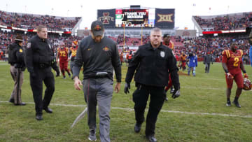 AMES, IA - NOVEMBER 11: Head coach Matt Campbell of the Iowa State Cyclones looks down at the ground as he leave the field after losing 49-42 to the Oklahoma State Cowboys at Jack Trice Stadium on November 11, 2017 in Ames, Iowa. The Oklahoma State Cowboys won 49-42 over the Iowa State Cyclones. (Photo by David Purdy/Getty Images)
