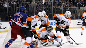 NEW YORK, NEW YORK - JANUARY 29: Anthony Stolarz #41 of the Philadelphia Flyers makes the second period save against the New York Rangers at Madison Square Garden on January 29, 2019 in New York City. The Flyers shut-out the Rangers 1-0.(Photo by Bruce Bennett/Getty Images)
