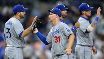 Sep 29, 2016; San Diego, CA, USA; Los Angeles Dodgers center fielder Joc Pederson (31) celebrates with teammates after the Dodgers beat the San Diego Padres 9-4 at Petco Park. Mandatory Credit: Jake Roth-USA TODAY Sports