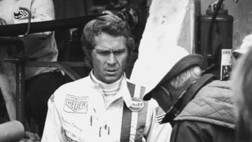 American film actor Steve McQueen (1930 - 1980) on the set of his motor-racing film 'Le Mans' at the Sarthe race track, France, October 1970. (Photo by Keystone Features/Hulton Archive/Getty Images)