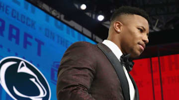 ARLINGTON, TX - APRIL 26: Saquon Barkley of Penn State reacts after being picked #2 overall by the New York Giants during the first round of the 2018 NFL Draft at AT&T Stadium on April 26, 2018 in Arlington, Texas. (Photo by Ronald Martinez/Getty Images)
