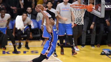 Jan 8, 2016; Los Angeles, CA, USA; Oklahoma City Thunder guard Russell Westbrook dunks the ball during the first quarter against the Los Angeles Lakers at Staples Center. Mandatory Credit: Kelvin Kuo-USA TODAY Sports