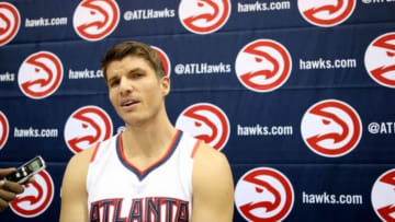 Sep 29, 2014; Atlanta, GA, USA; Atlanta Hawks guard Kyle Korver (26) talks to members of the media during the Atlanta Hawks media day at Philips Arena. Mandatory Credit: Jason Getz-USA TODAY Sports