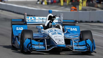 Simon Pagenaud celebrates after winning the Honda Indy 200 at Mid-Ohio Sports Car Course on Sunday. Photo Credit: Joe Skibinski/Courtesy of IndyCar